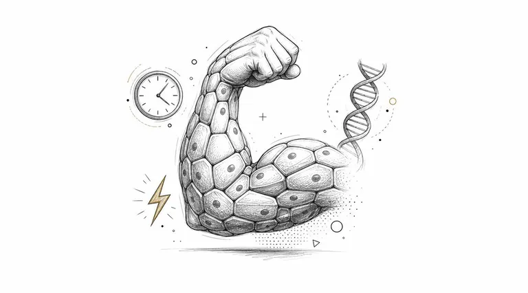 A pencil sketch of a muscular arm formed by individual cells, with a DNA helix and clock.