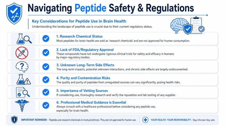 An infographic detailing the safety and regulatory risks associated with using peptides for brain health purposes.