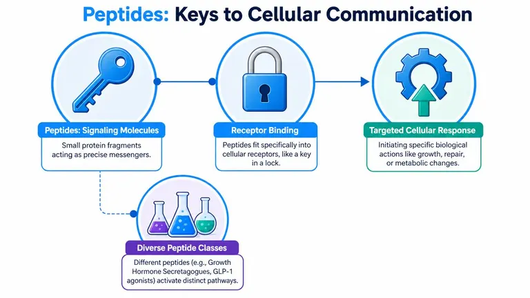 A diagram illustrating how peptides act as cellular keys to bind receptors and trigger biological responses.