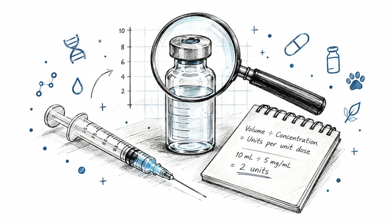 A hand-drawn illustration showing a syringe, a medical vial, a magnifying glass, and a dose calculation notebook.