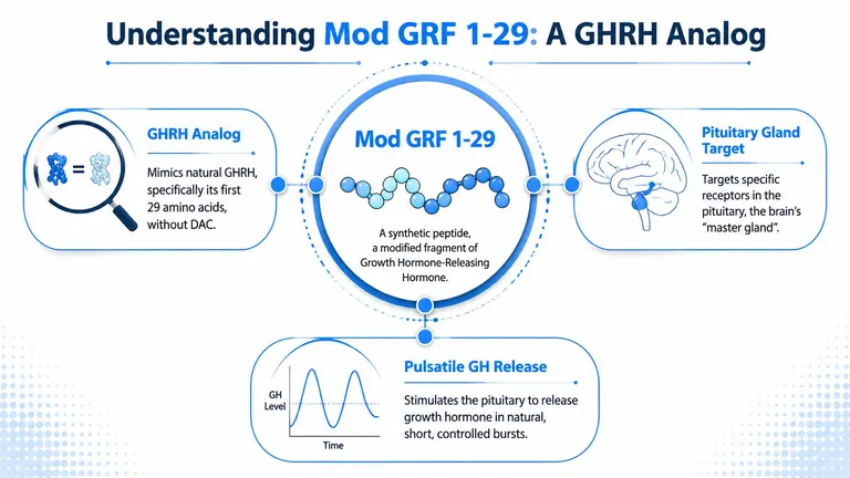 An infographic explaining the function of the synthetic peptide Mod GRF 1-29 as a GHRH analog.