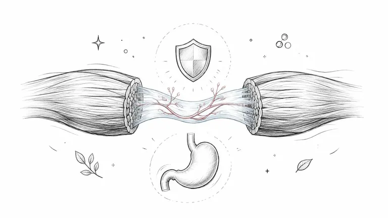 A pencil sketch illustration showing muscle fibers connected with a shield icon and a stomach outline.