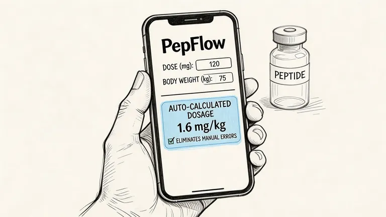A hand holding a smartphone displaying the PepFlow app calculating a peptide dosage of 1.6 mg per kilogram.