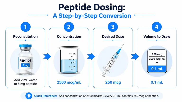 A four-step infographic illustrating how to calculate and measure peptide dosing for injection using a syringe.
