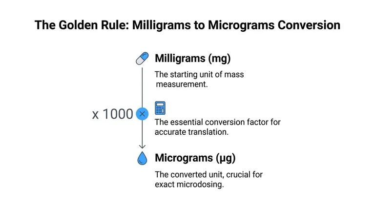 A visual guide explaining the conversion from milligrams to micrograms using a multiplication factor of one thousand.