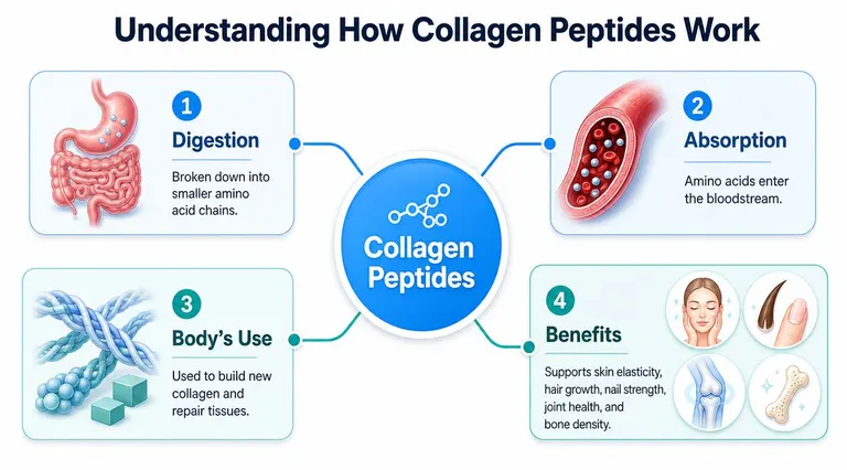 A diagram explaining the four-step process of how collagen peptides are digested, absorbed, and utilized by the body.