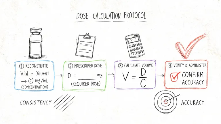 A hand-drawn illustration showing a four-step medical protocol for calculating and verifying medication dosages accurately.