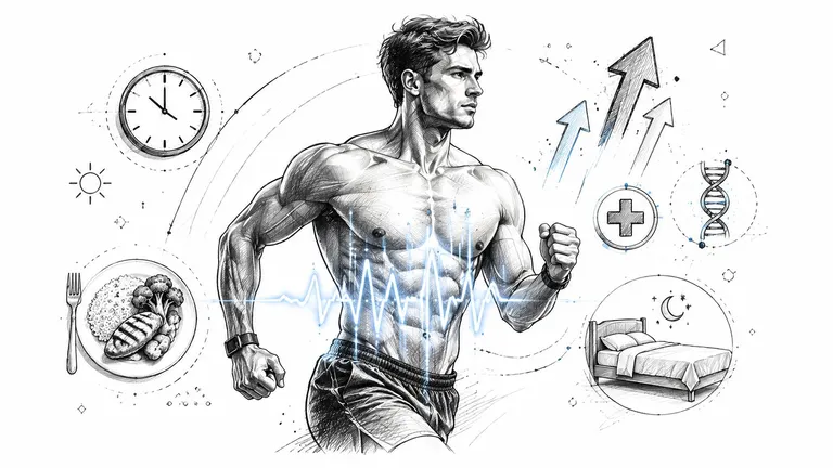 A fit athlete running surrounded by health icons including nutrition, sleep, genetics, and heart rate data.