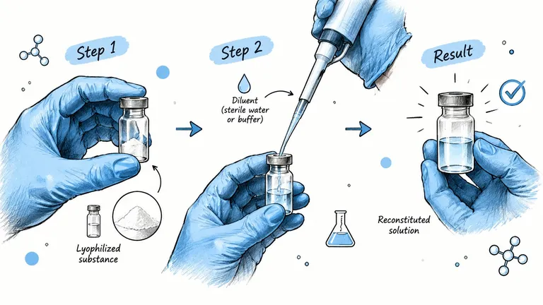 A gloved scientist demonstrates the laboratory process of reconstituting a lyophilized powder using a sterile diluent.