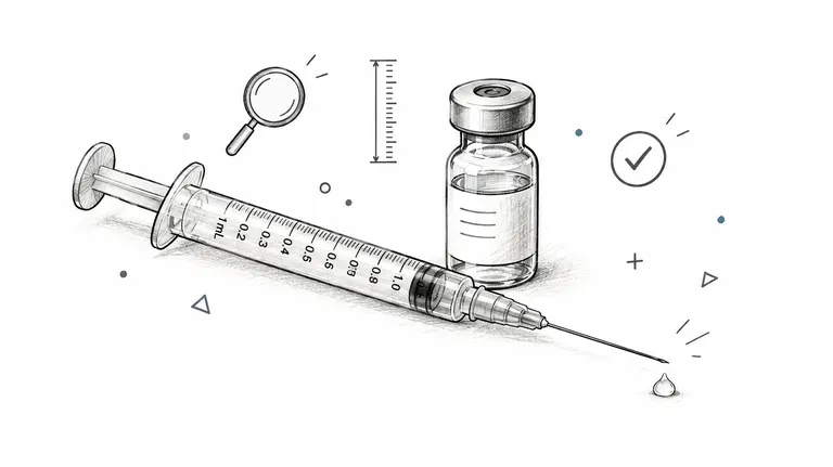 A sketched illustration showing a medical syringe with dosage markings, a vial, and a magnifying glass.