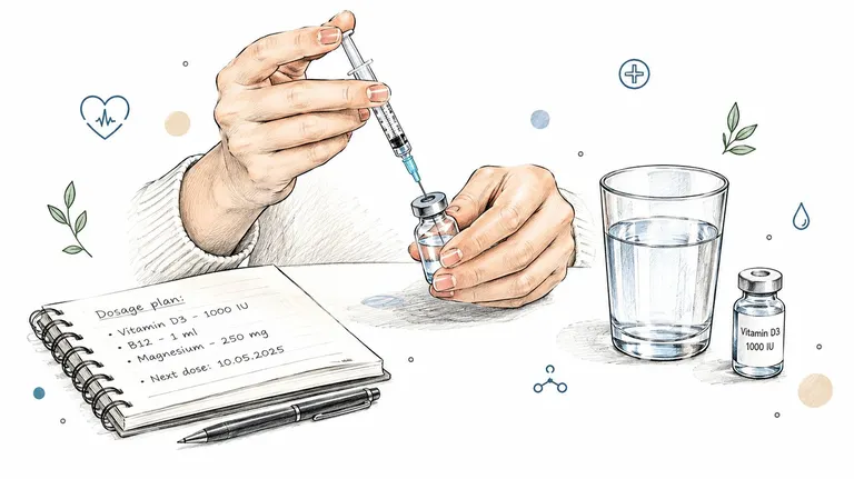 A hand drawing a medication dosage from a vial with a syringe near a dosage plan notebook.