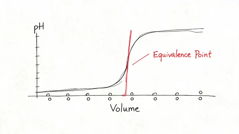 A hand-drawn titration curve graph showing pH on the y-axis and volume on the x-axis with an equivalence point.