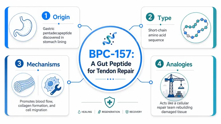 An infographic titled BPC-157: A Gut Peptide for Tendon Repair explaining its origin, type, mechanisms, and analogies.