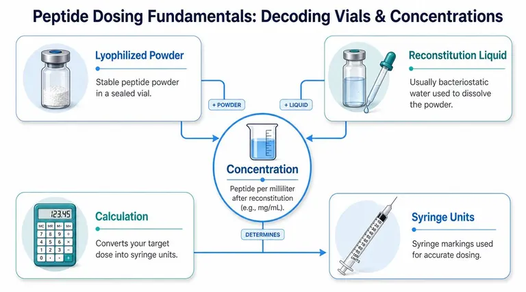 A diagram explaining peptide dosing fundamentals, showing the steps from reconstitution to calculating the final syringe dosage.