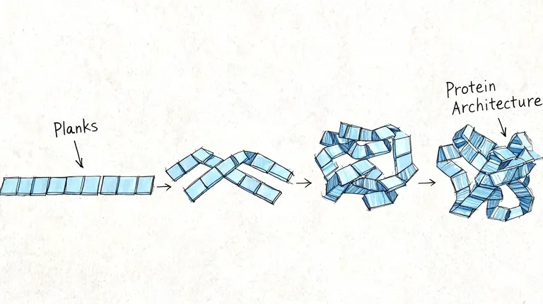 A diagram illustrating the stages of protein folding, showing individual planks assembling into a complex three-dimensional protein architecture.