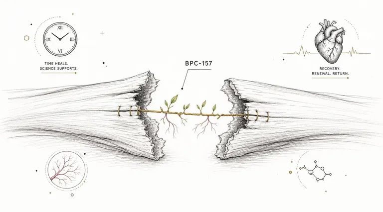 A conceptual medical illustration representing BPC-157 healing a broken bone with growth and recovery symbols.