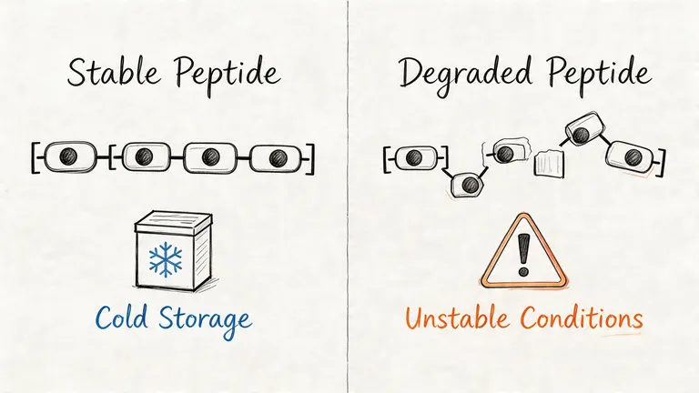 A diagram comparing a stable peptide in cold storage to a degraded peptide in unstable conditions.