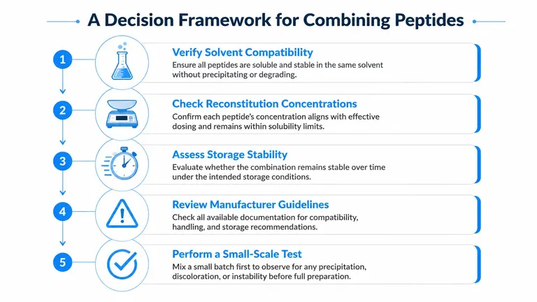A five-step flowchart illustrating a professional decision framework for safely combining different types of peptides.