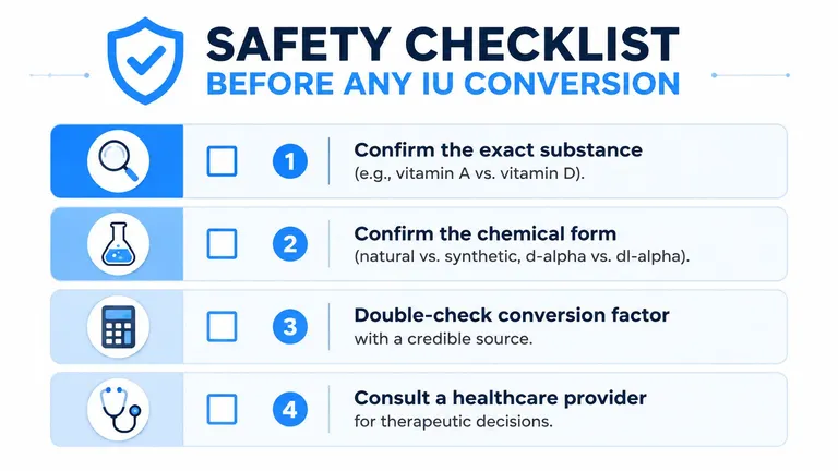 A safety checklist infographic listing four essential steps to perform before converting international units in medical contexts.