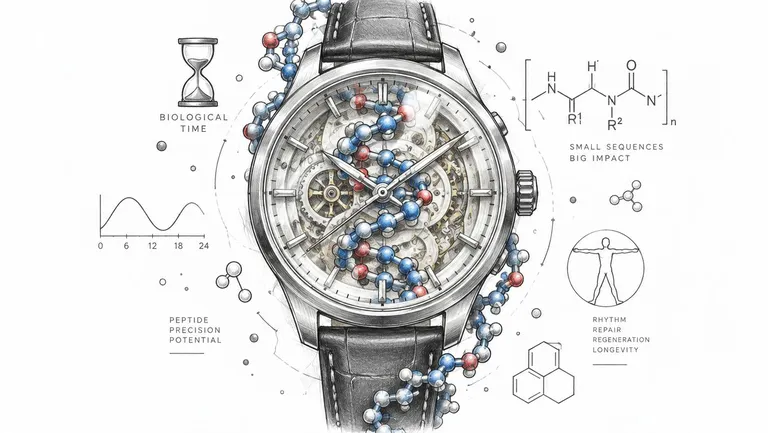 A sophisticated wristwatch illustration integrated with molecular structures, chemical formulas, and biological concepts like aging and regeneration.