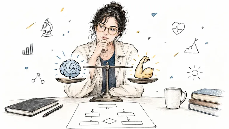 A woman contemplating a balance scale comparing intellectual mental development with physical muscle strength while studying.