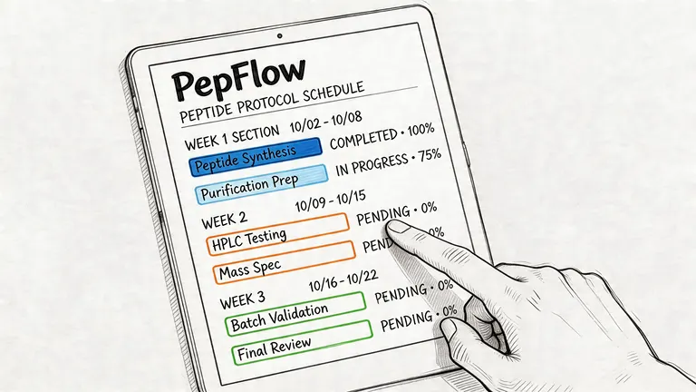 A digital screen showing a PepFlow peptide protocol schedule with various tasks, statuses, and completion percentages.