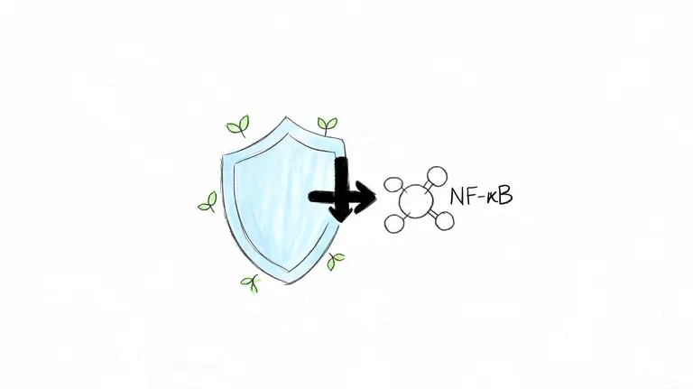 A hand-drawn shield icon protecting against NF-kappaB, a key molecule involved in inflammatory signaling pathways.