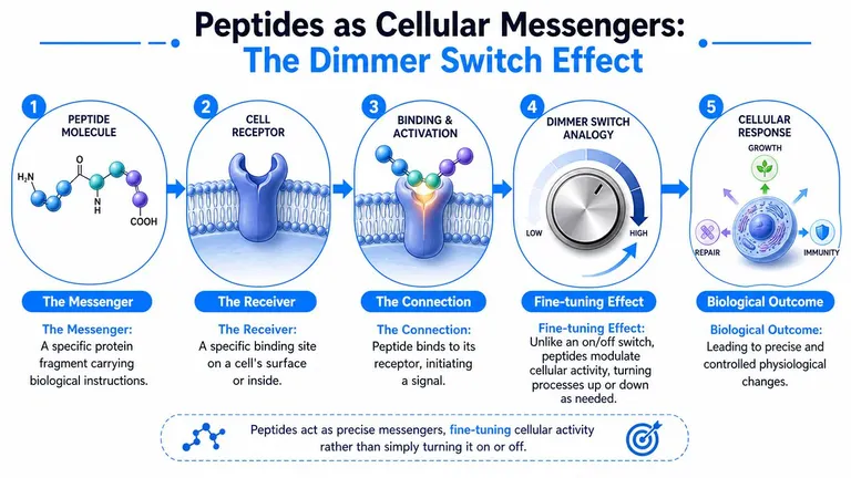 An infographic illustrating the mechanism of action for peptide cellular messengers using a dimmer switch analogy.