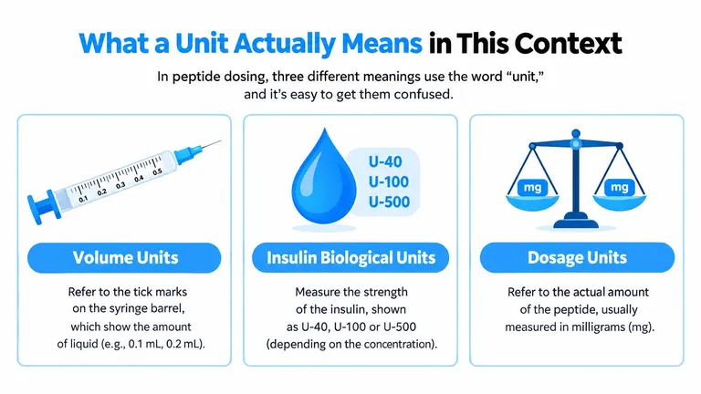 An infographic explaining the three different meanings of the term unit in peptide dosing calculations.