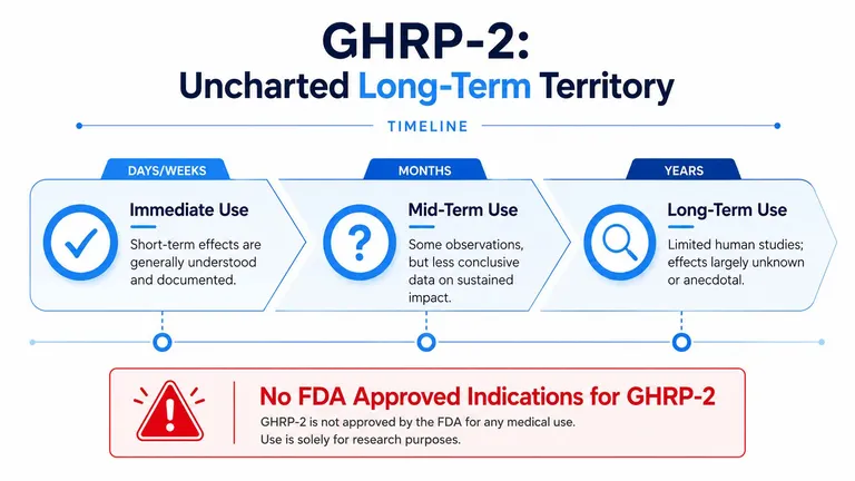 A timeline graphic illustrating the limited clinical data regarding short-term, mid-term, and long-term use of GHRP-2.