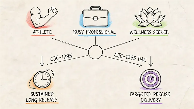 A diagram illustrating the target demographics and functional differences between CJC-1295 and CJC-1295 DAC variants.