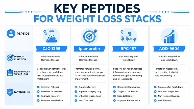 A chart detailing four key peptides for weight loss, including CJC-1295, Ipamorelin, BPC-157, and AOD-9604.
