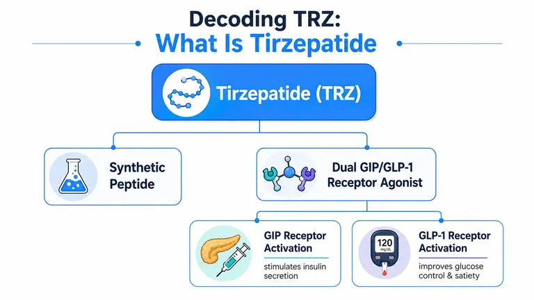 A diagram illustrating that Tirzepatide is a synthetic peptide and a dual GIP/GLP-1 receptor agonist.