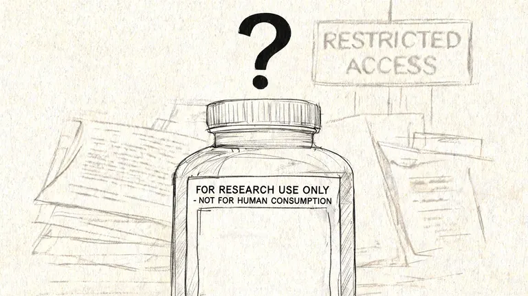 A hand-drawn sketch of a medicine bottle labeled for research use only under a question mark.