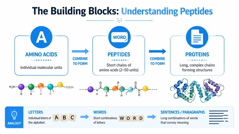 An educational diagram showing the relationship between amino acids, peptides, and proteins using a language analogy.