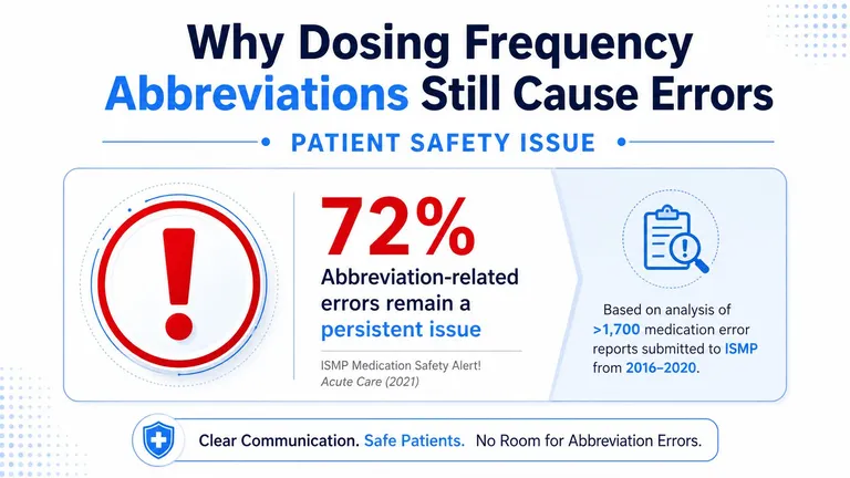 An infographic showing that 72 percent of medication errors are related to dosing frequency abbreviations.