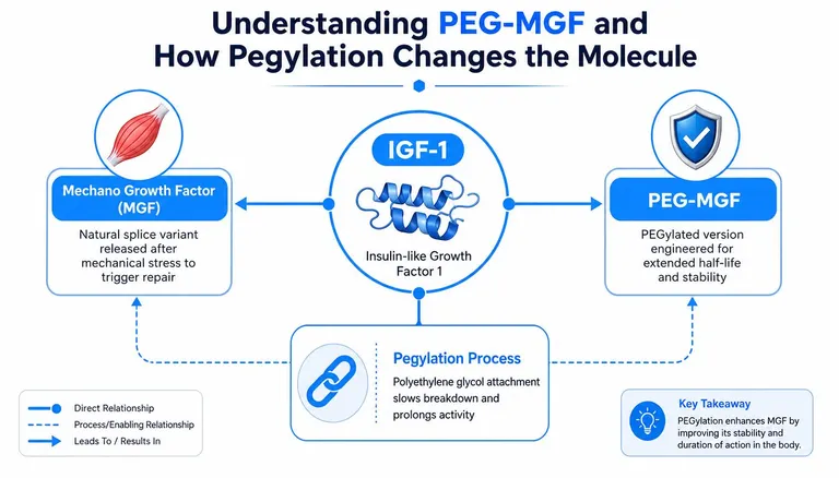 A diagram explaining how pegylation increases the stability and half-life of Mechano Growth Factor or MGF.