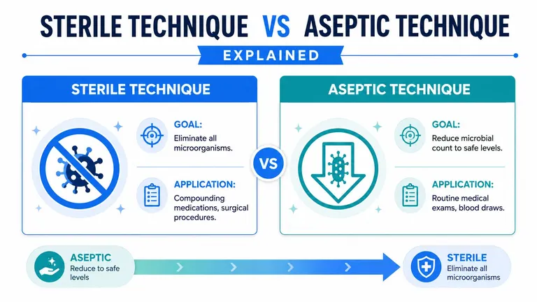 A comparison infographic detailing the definitions, goals, and applications of sterile technique versus aseptic technique.