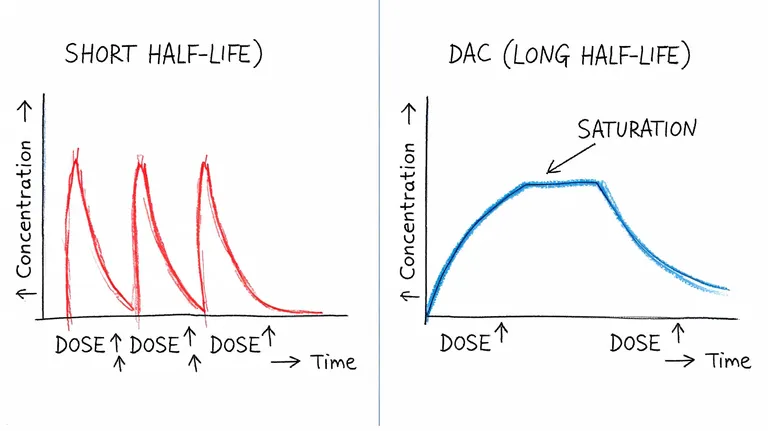 A comparison graph showing concentration over time for short half-life drugs versus long half-life DAC peptides.