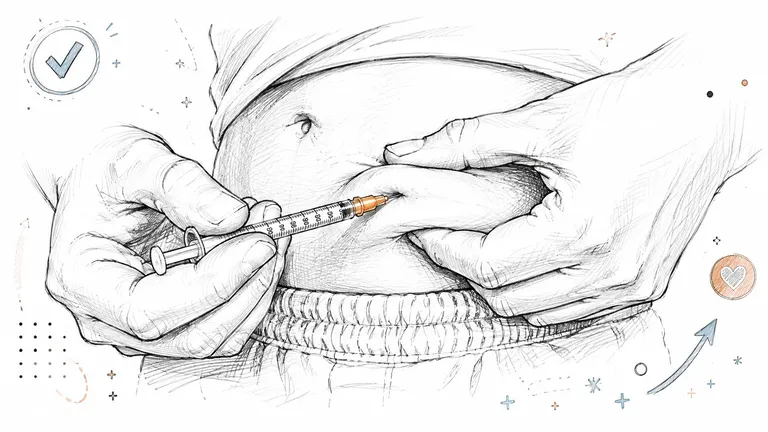 A detailed illustration showing a person performing a subcutaneous abdominal injection with a thin needle syringe.