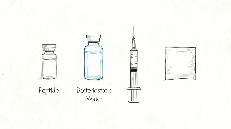 A line drawing showing a peptide vial, bacteriostatic water vial, syringe, and alcohol swab for injection.