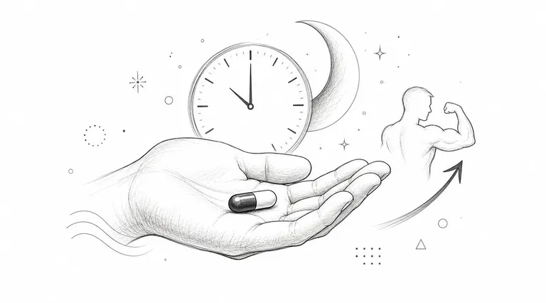 A hand holding a capsule with a clock, crescent moon, and a muscular man illustration.