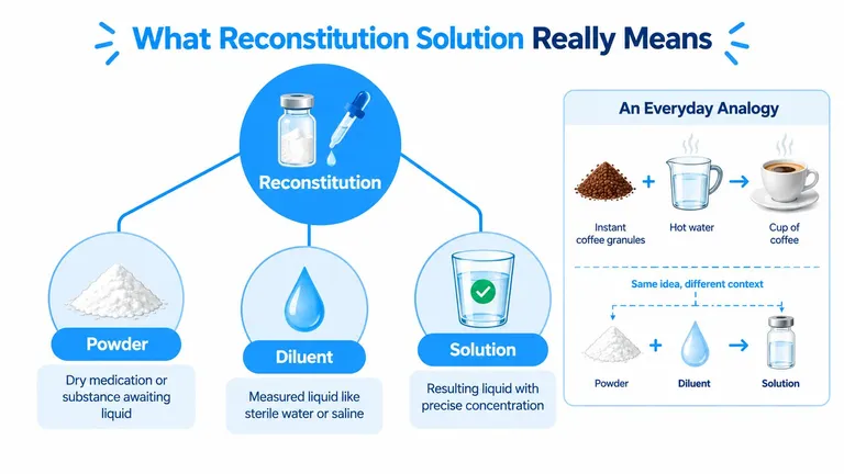 A diagram explaining medical reconstitution, showing powder and diluent mixing to create a precise liquid solution.