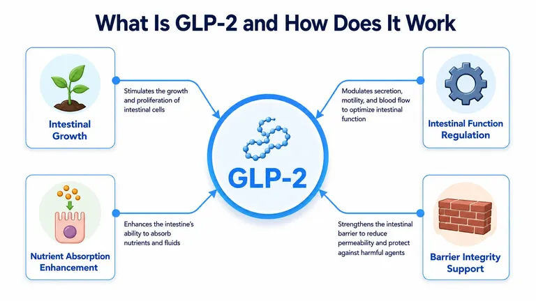An infographic showing the four primary biological functions of the GLP-2 hormone in the human intestine.