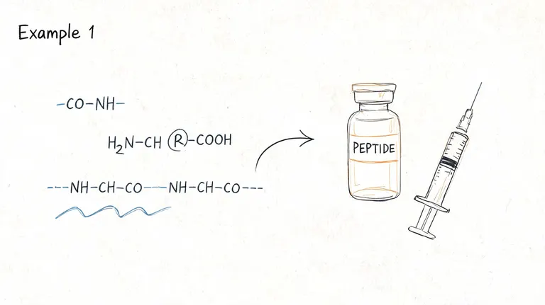 A hand-drawn diagram illustrating the chemical structure of peptides alongside a medicine vial and syringe.