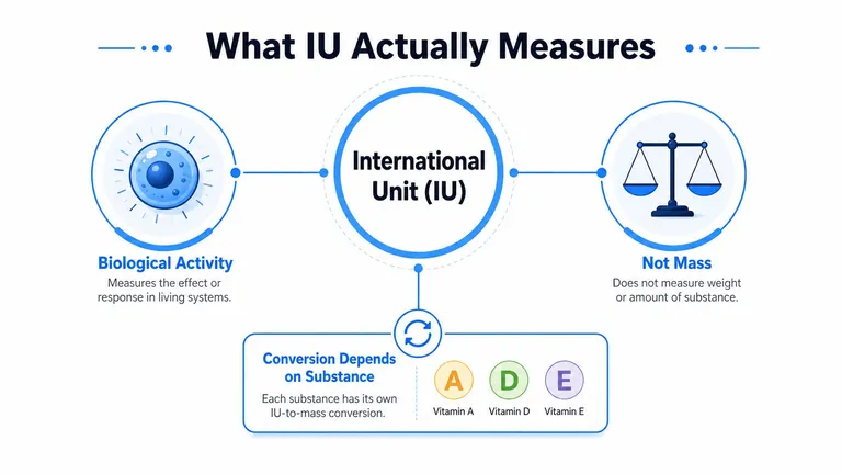 An infographic explaining that International Units measure biological activity rather than mass for substances like vitamins.