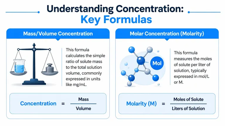 An educational infographic showing the formulas for mass per volume concentration and molar concentration in chemistry.
