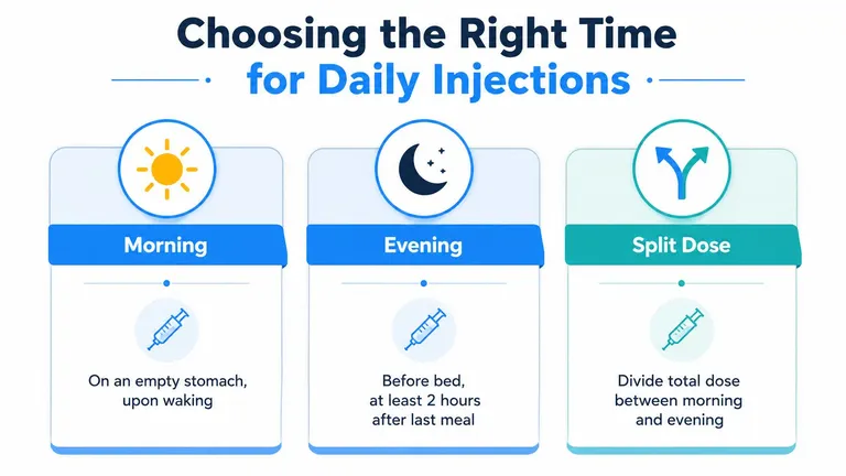 An infographic showing three timing options for daily injections: morning, evening, or a split dose schedule.