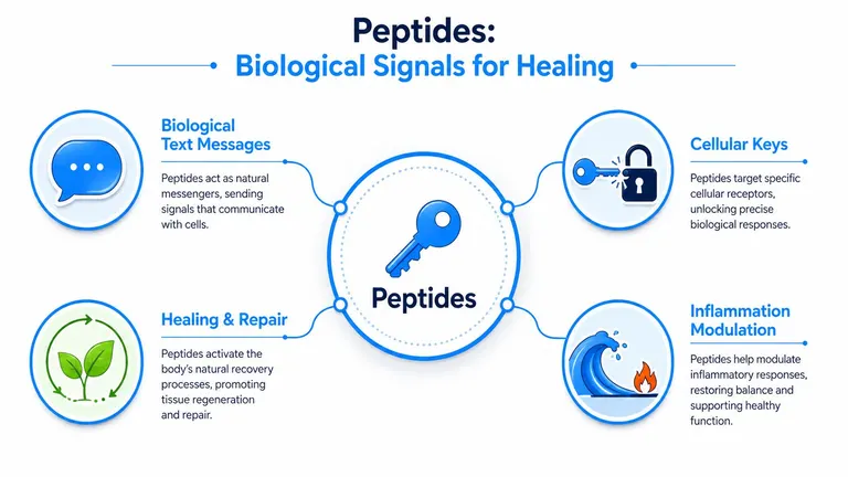A diagram explaining how peptides function as biological signals for cellular communication, healing, and inflammation modulation.