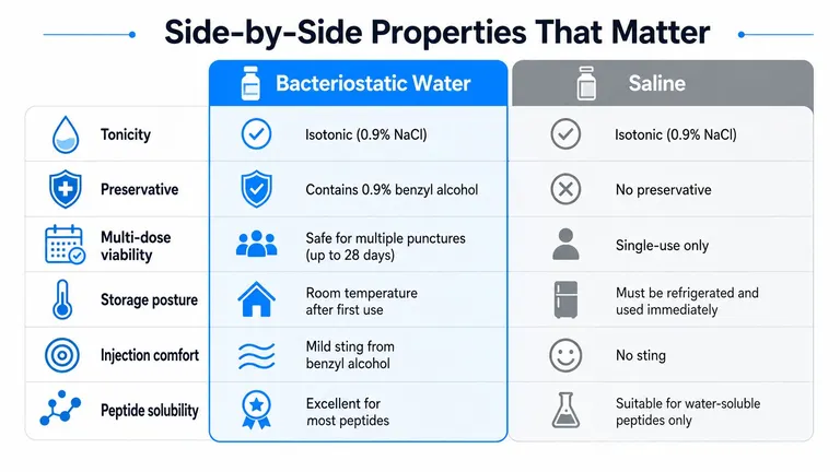 A comparison chart showing key differences between bacteriostatic water and saline solutions for medical injection purposes.